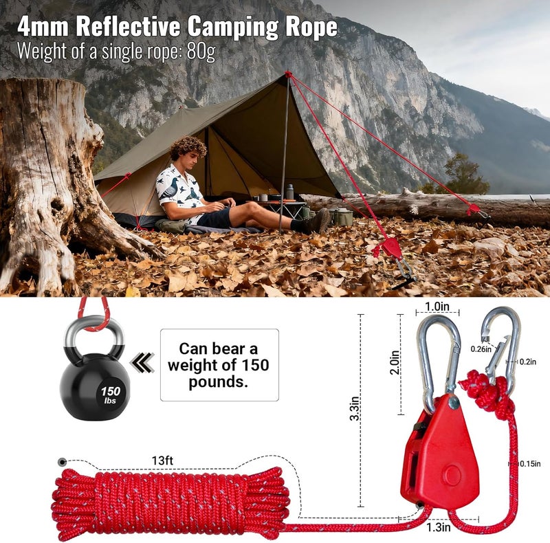 SOHIDAS Camping Rope Reflective Tent Rope Guyline with Ratchet Pulley, Tarp Tie Down Ropes for Tent Tarp, Canopy Shelter, Camping, 13ft Adjustable Guy Line for Canopy Tent 4 Pack Guy Lines Tents Cords - Image 2